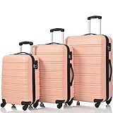 Set di 3 valigie rigide in ABS resistente e leggero, con serratura e 4 ruote scorrevoli, rosa, Bagagli da viaggio
