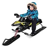 Qdreclod Slitta da neve con 2 freni a pedale e volante, per bambini, adulti, sci, slitta, slitta portatile (nero)
