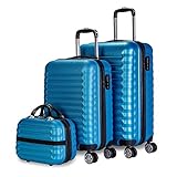NUMADA-Set di 3 valigie e borsa da toilette Mod. Newteck Blu (53/63 cm) ABS con 4 ruote doppie e lucchetto combinazione laterale