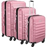 KESSER® Set di 3 valigie rigide a rotelle, con 4 ruote in ABS, manico telescopico, trolley, valigie da viaggio, con lucchetto, in plastica ABS, nelle misure S-M-L-XL, Colore: rosa.