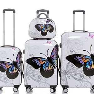BEIBYE 2060 – Set di 4 bagagli rigidi con trolley e beauty-case, fantasia: farfalle, 4 pz