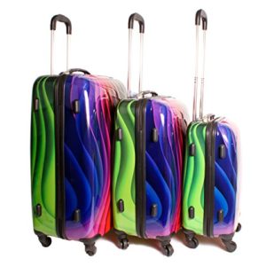 Set di 3 Valigie, Super leggero con 4 ruote, design Funky Set di valigie, in plastica rigida, 2408 piega ondulata, multicolore arcobaleno