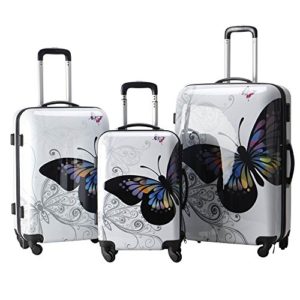 Butterfly zazaⓡ o valigia, colore: multicolore bianco ondulata-Set di 3 Valigie, Super leggero con 4 ruote, Design Funky Set di valigie, in plastica rigida Farfalla Set di 3