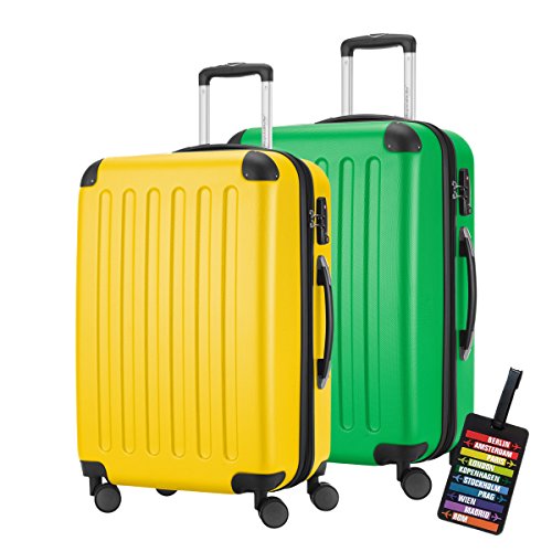 Hauptstadtkoffer® Set di due valigie grandi (82+82 litri) con un lucchetto TSA Seria SPREE (Giallo/Verde con 1 ciondolo per la valigia)